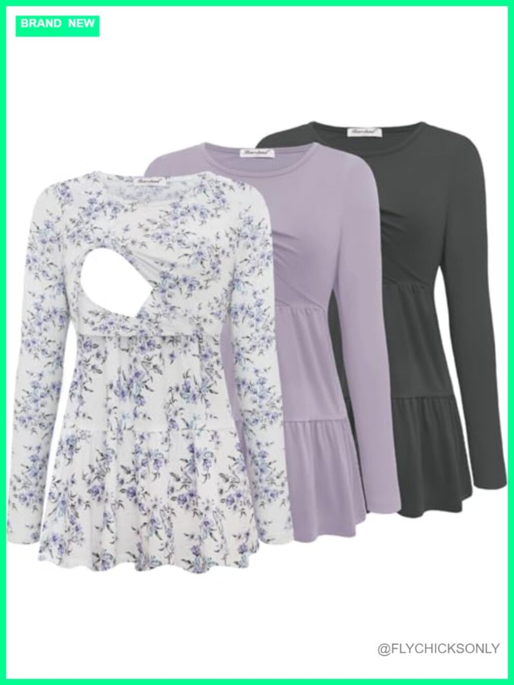 Nursing Top Long Sleeve Scoop Neck Breastfeeding Shirt 3-Pack Pleated
